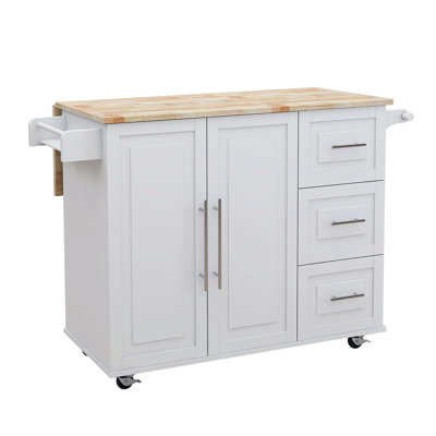 Kitchen Island With Spice Rack, Towel Rack And Extensible Solid Wood Table Top-White