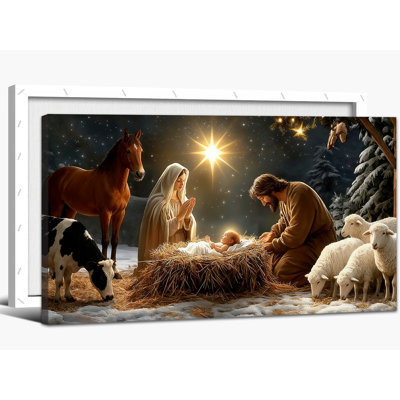 Art mural sur toile de grande crèche de Noël - Oh, bonne nuit, décorations murales, crèche de Noël, reproduction d'art sur toile, 30 x 60 po