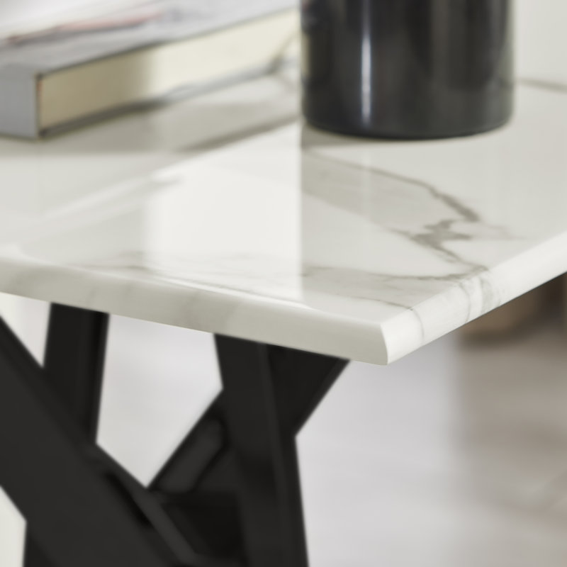 Atal Marble Effect Sofa Side Table - Glass Topped Metal Leg Small Table, Black Powder Coated Metal, White Marble Effect