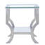 - Enduit, table de bout carrée en verre, armoires, tablettes, tables à surface réfléchissante, pieds d'aspect fluide