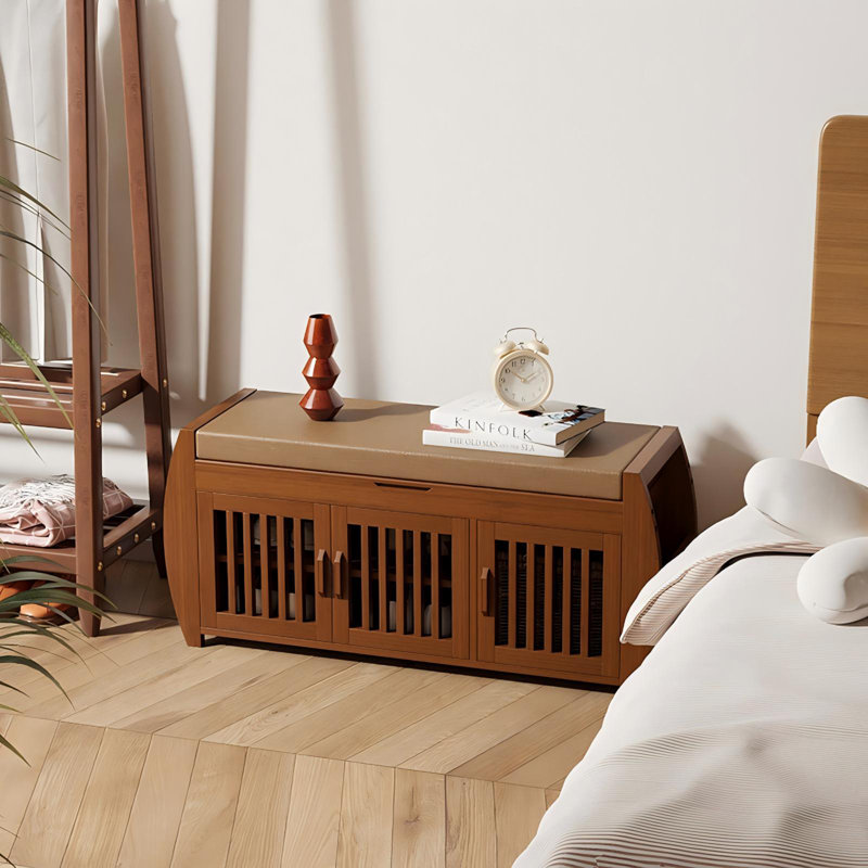   Banc de rangement pour chaussures en bambou brun avec tablettes latérales et compartiment de siège caché