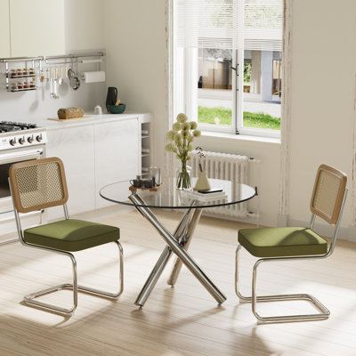 Mid Century Rattan Back Velvet Dining Chair Set Modern Stainless Chrome Base Armless Upholstered Side Chair for Dining Room, Kitchen Island