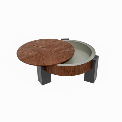 Round Coffee Table With Hidden Storage, Modern Wabi-Sabi Wood Parquet Veneer Top, Sturdy 3-Block Legs, Ideal For Small Spaces And Living Rooms