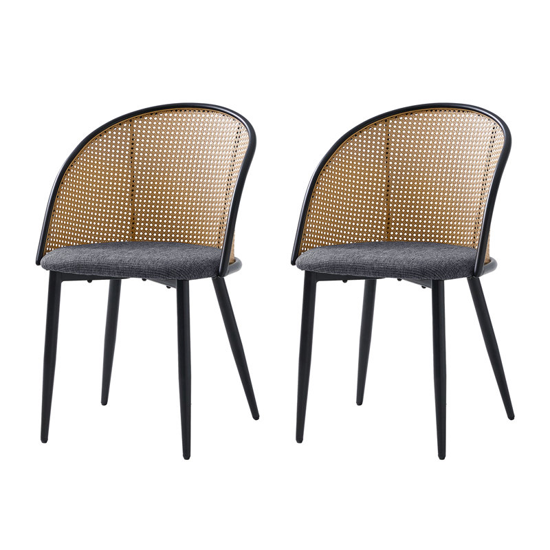 Contrell Mid-Century Modern Dinning Chair with Rattan Hollow Backrest (Set of 2), Black