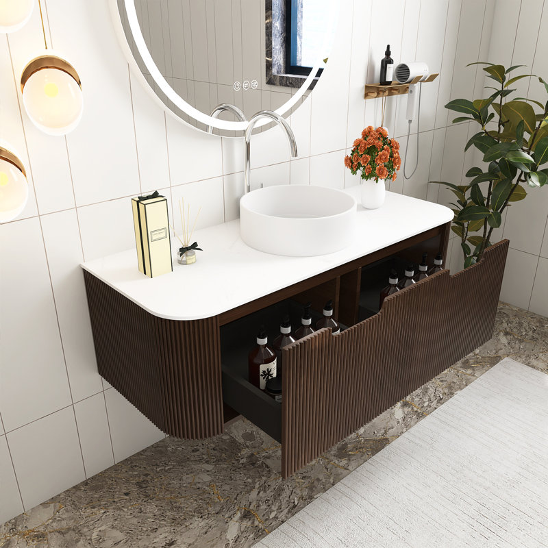 Meuble-lavabo mural 48 po pré-assemblé en grain de bois noyer foncé avec lavabo rond en céramique blanche, Brun