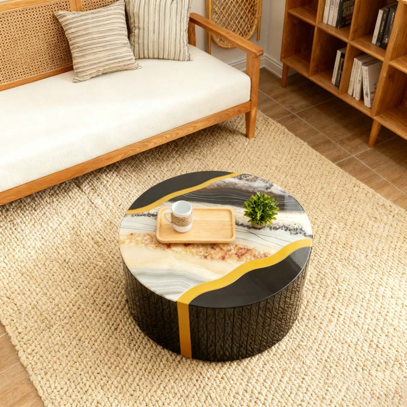 Black gold round mirror coffee table