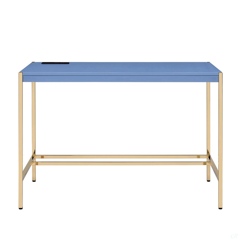 Bureau d'écriture rectangulaire avec port USB, bleu marine et or, Bleu marine / doré