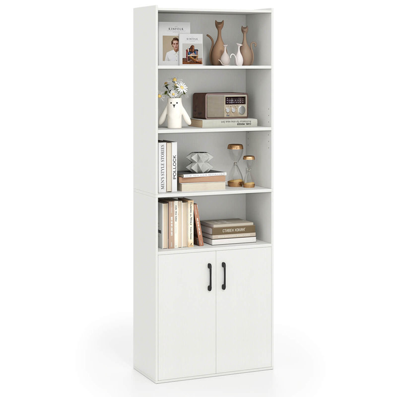 70" Bookcase With Adjustable Shelves With 2-door Cabinet Multipurpose Display Rack White