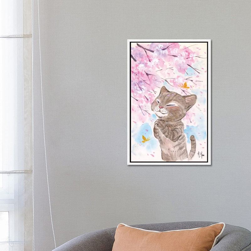 Cherry Blossom Wishes - Cat 1 Piece Painting on Canvas, 66.04 cm H x 45.72 cm W, White Framed