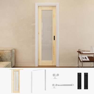 Porte en bois de pin massif 24 "x 80" avec porte coulissante en verre givré 1-Lite avec quincaillerie noire et cadre de porte blanc