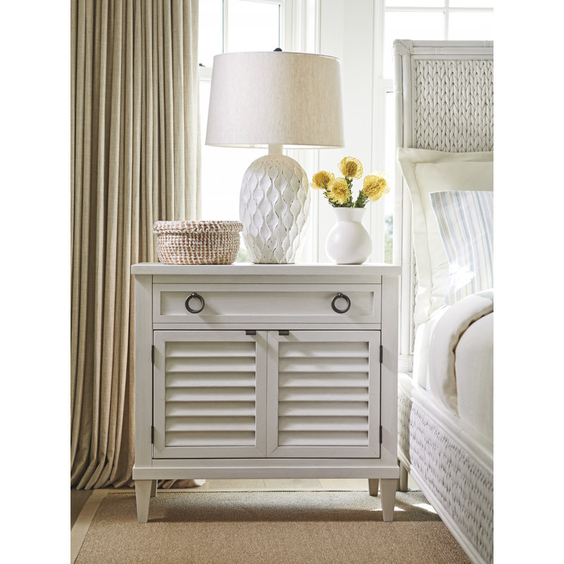 Shell White Mahogany Coastal Nightstand with Drawer