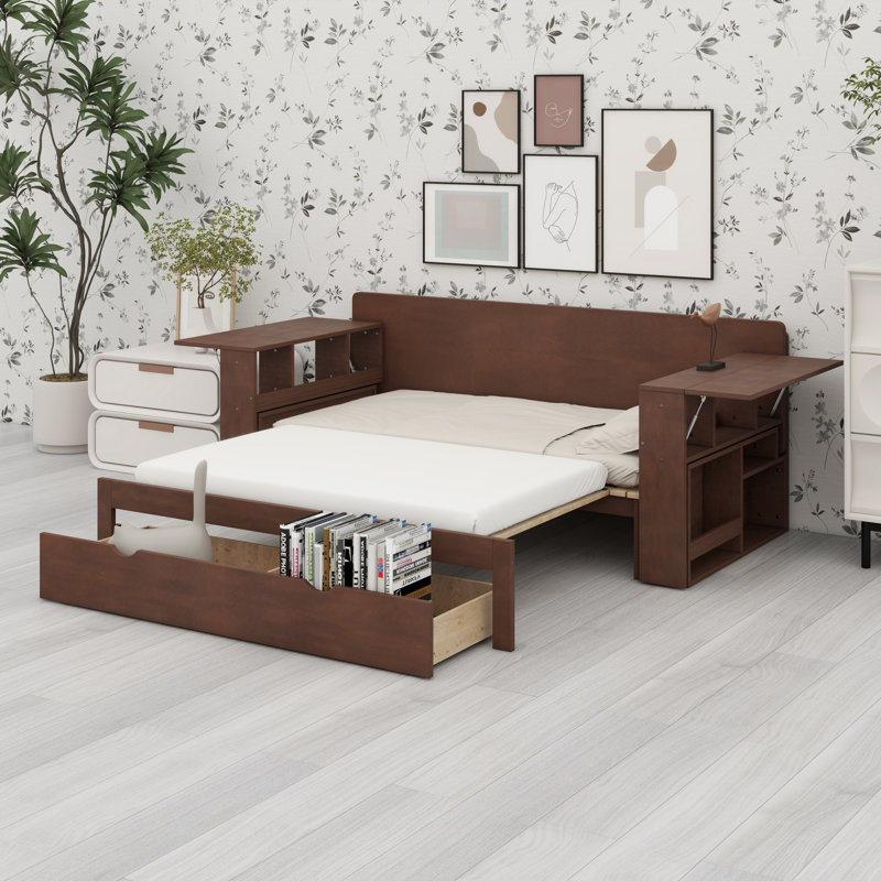Lit de jour avec bureau amovible, tiroirs de rangement et table d'appoint hydraulique, Complet/Double, Espresso