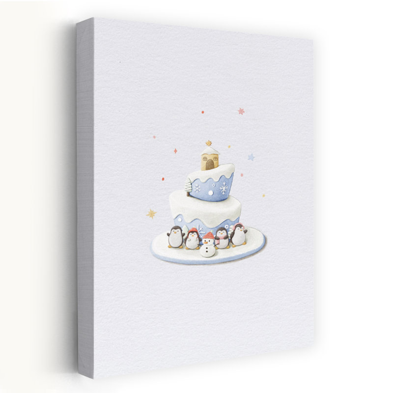 Snowy Penguin Party Whimsical Abstract Contemporary Penguin Winter Architecture Wall Art Print 1 Piece Wrapped Canvas Wall Art