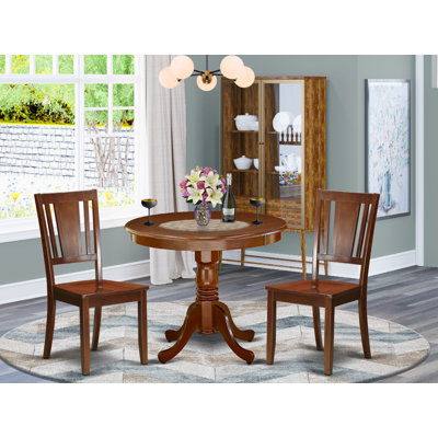 3 Piece Dining Set Contains a Round Kitchen Table with Pedestal and 2 Dining Room Chairs, 36x36 Inch, Mahogany