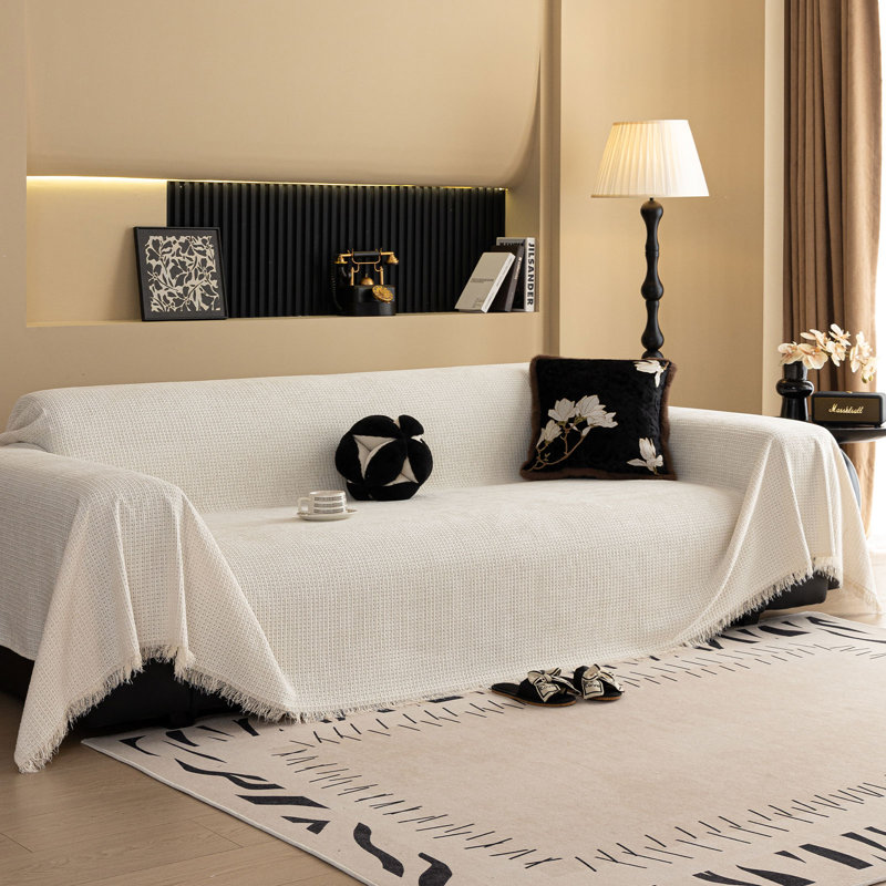 Housse de canapé une pièce en chenille gaufrée et polyvalente, H 71 po x l 134 po x P 0,1 po, Chenille beige