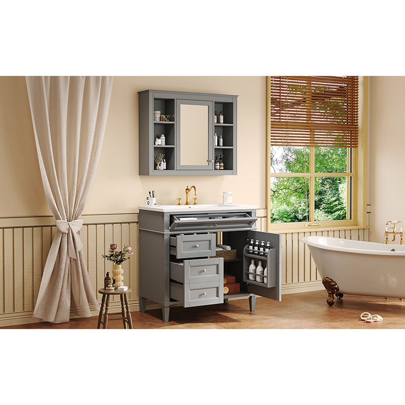 Meuble-lavabo 36 po avec armoire à pharmacie, armoire de rangement moderne avec 2 portes à fermeture douce et 4 tiroirs, meuble-lavabo simple