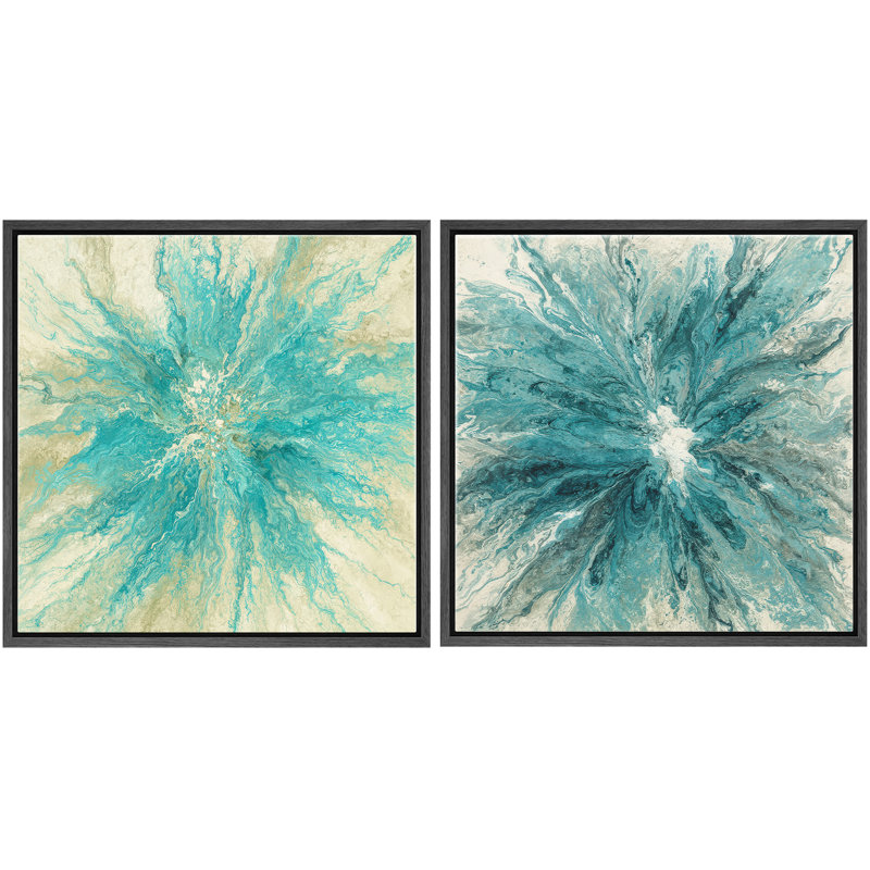 Aqua Blue Abstract Burst Contemporary Wall Decor Set Framed Master Bedroom Wall Art Work 2 Pieces Print, Black Floater Frame