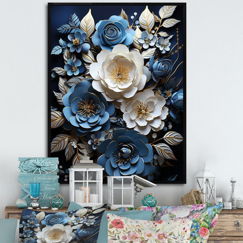 «Blue and White Roses Moonlight Grace I», reproduction sur toile, H 32 po x l 16 po x P 1 po, Cadre flottant noir