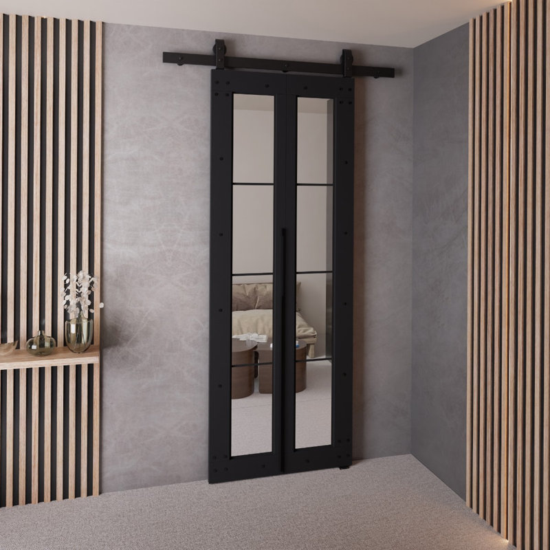 Folding Interior Door, 60 cm, Black, M-6 8 Mirror Panels + Decorative Screws