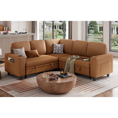 Sherry 81'' Upholstered Modular Sectionals with Pull-out Sofa, Storage Chaise, USB Charging & Cup Holders