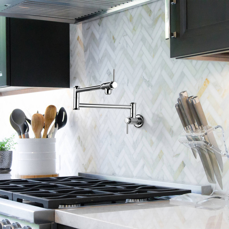 Wall Mount Pot Filler Kitchen Faucet Solid Brass With Retractable Arm, Polished Chrome