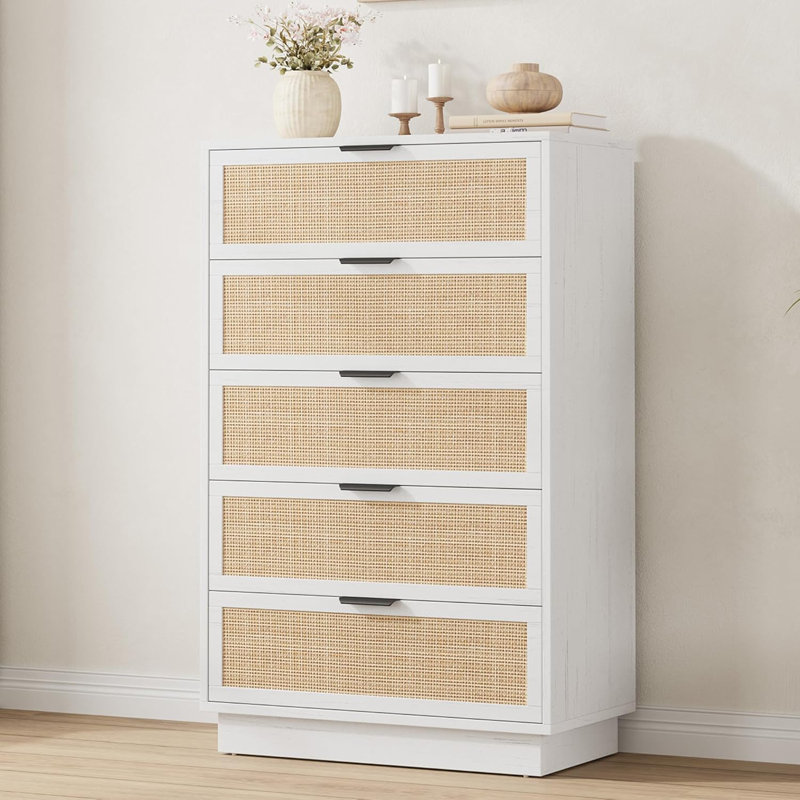 Commode 5 tiroirs en rotin pour la chambre à coucher, corps et pieds de l'armoire intégrés, commode en bois pour les couloirs, les entrées et le placard, assemblage facile