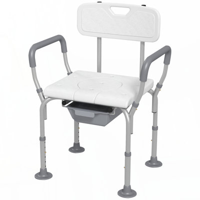 Chaise de douche 3-en-1 avec dossier et accoudoirs HOMcom, commode de chevet réglable en hauteur, siège de toilette surélevé avec repose-pieds en caoutchouc antidérapant pour personnes âgées, blanc