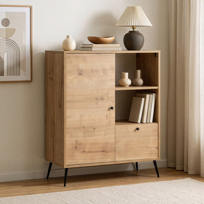 Armoire polyvalente moderne avec portes à fermeture douce, finition chêne, 35,4 x 41,3 x 16,1 pouces | 100% aggloméré et panneau de fibres à densité moyenne enduit de mélamine, pieds en métal | Solution de rangement polyvalente pour la maison et le bureau, conception murale