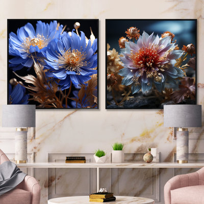 Blue and Crystal Cornflowers Harmony - ensemble de 2 carrés de fleurs