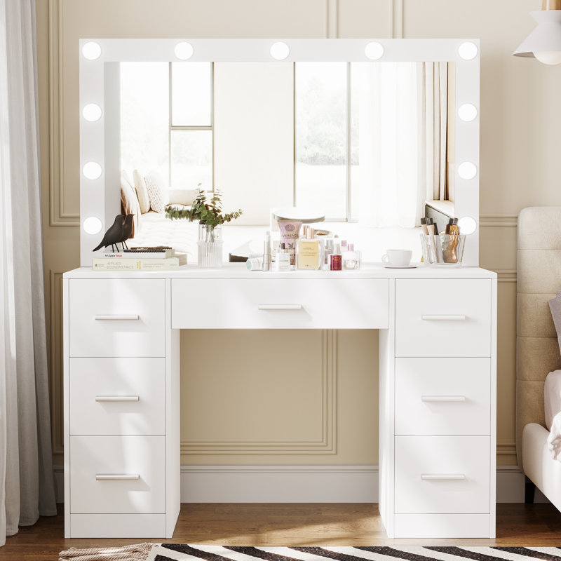 Makada Vanity Table with Large Lighted Mirror, Makeup Vanity Desk with 7 Drawers, White