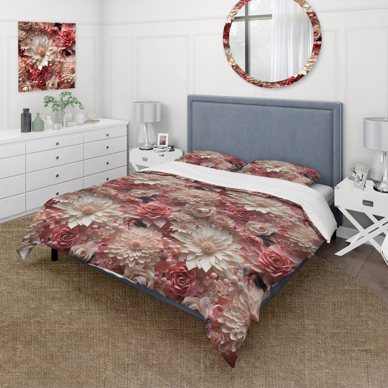 Literie rose et blanche avec dentelle romantique chuchotant II, Housse de couette pour très grand lit et 2 très