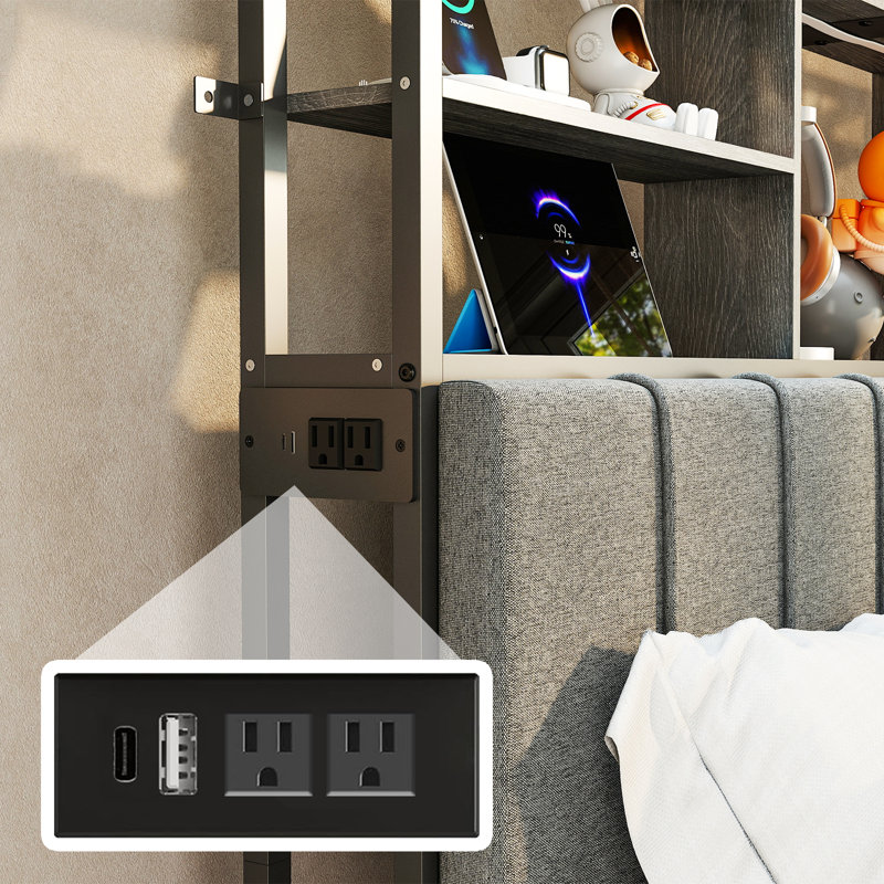 Upholstered Headboard for Twin Size Bed with Storage, Headboards with Outlets, USB Ports and LED Lights, Twin Size Headboard Only, Height Adjustable, Sturdy and Stable Headboard, Grey