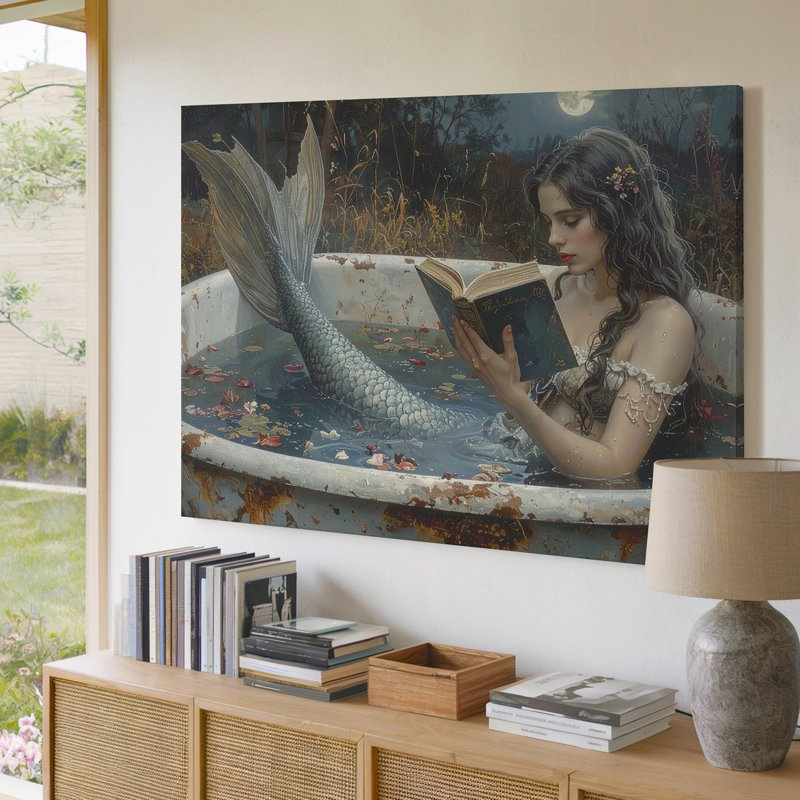 Moonlit Mermaid Reading Canvasserene Fantasy Bathaign Canvas, art mural, H 16 po x l 20 po