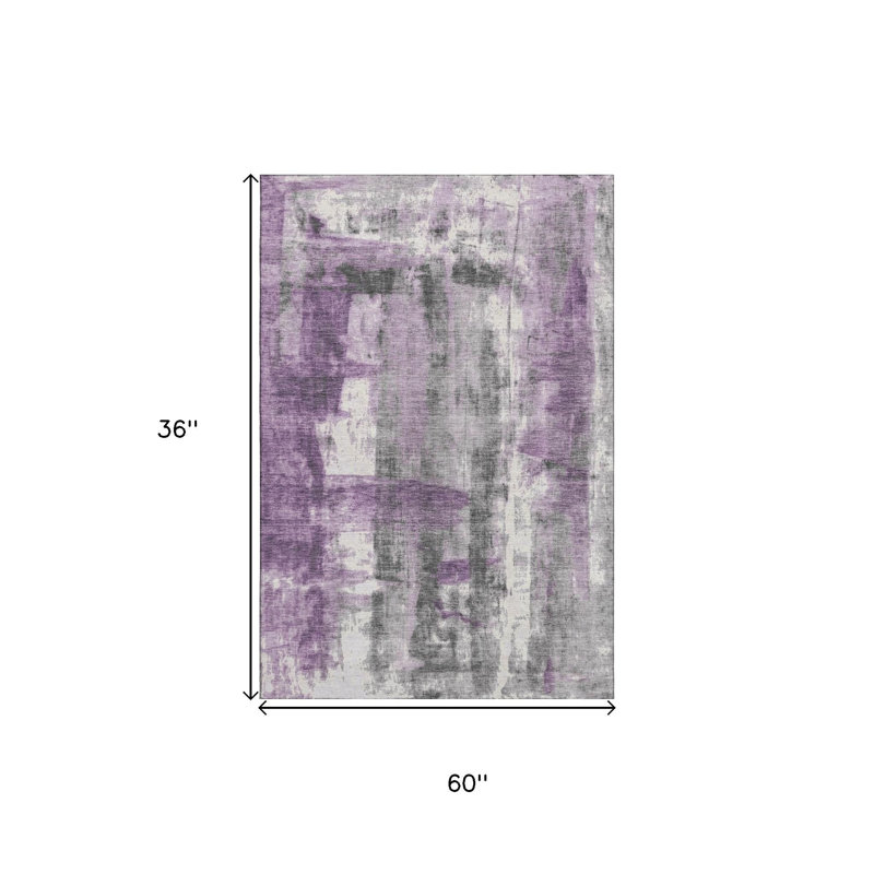 3' X 5' Purple Charcoal And Ivory Abstract Washable Area Rug With UV Protection