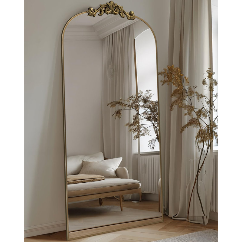 Arched Full Length Mirror, 71"X28" Floor Mirror With Carved, Full Body Mirrors For Homedecor, Standing/Halling Large Wall Mirror For Bedroom, Living Room, Cloakroom, Bronze, Retro Style