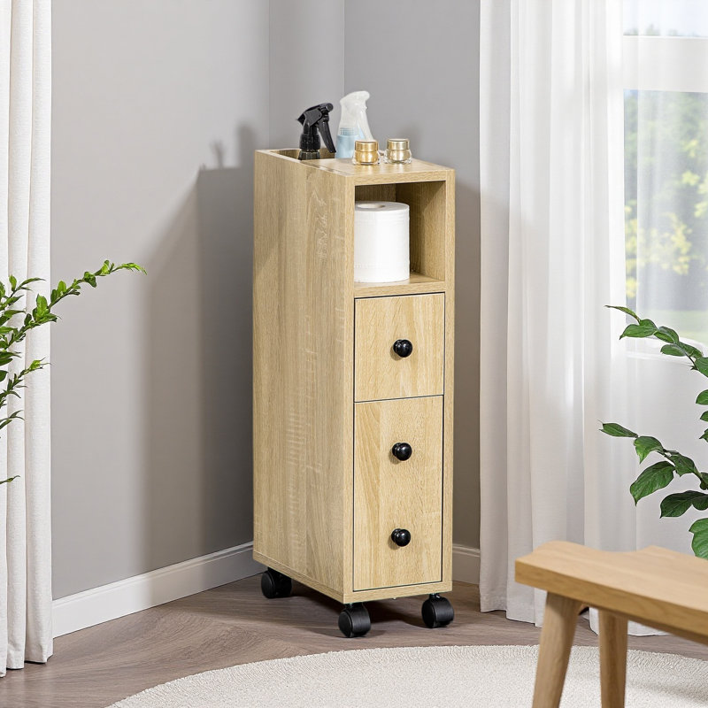 Armoire de salle de bain autoportante compacte avec 2 armoires ouvertes, 1 porte, 1 tiroir et 4 roulettes