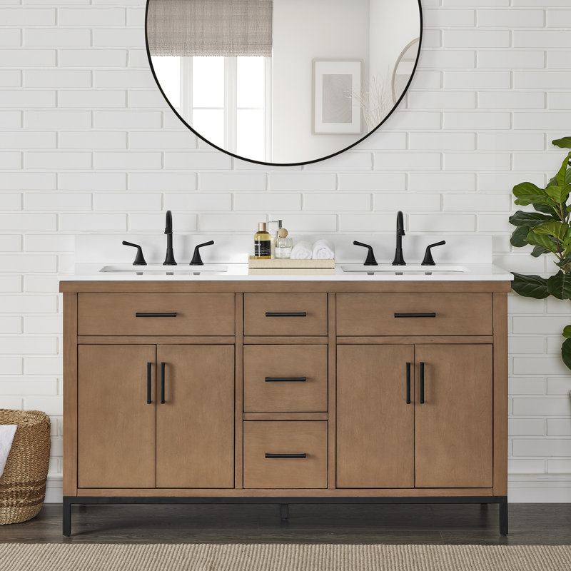 60 po Meuble-lavabo autoportant à double cuve avec plateau en pierre blanche ingénieur