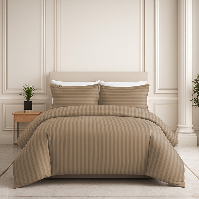 Microfiber Striped Duvet Cover Set with Pillowcases Included, Beige, Double Duvet Cover Set + 2 Pillowcases