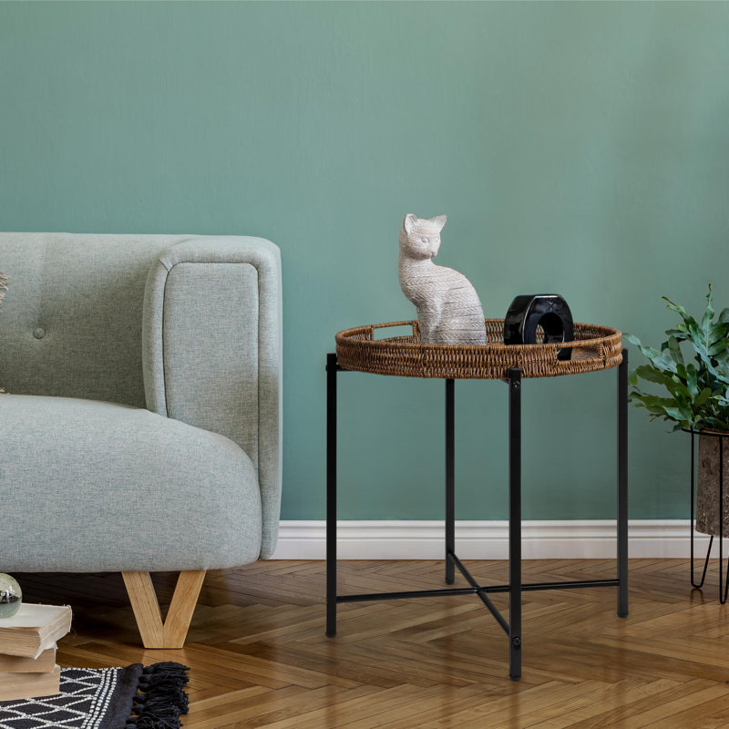 Brown Small Round End Table, 19In Rattan End Tables, Wicker Rattan Side Table, Round Sofa Side Table, Indoor Outdoor Side Tables For Patio