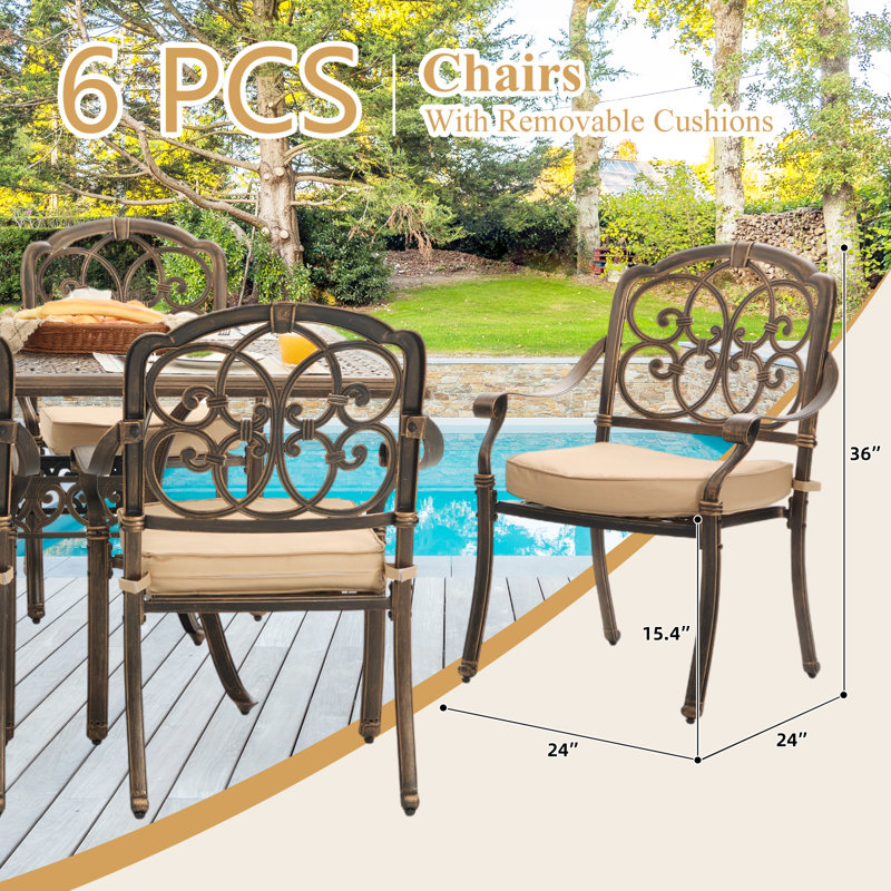 7-Piece Cast Aluminum Outdoor Dining Set, 60" Rectangular Table with 2 Umbrella Holes & 6 Stackable Chairs with 2.75" Cushions, Antique Brass Rustproof Patio Furniture for Garden