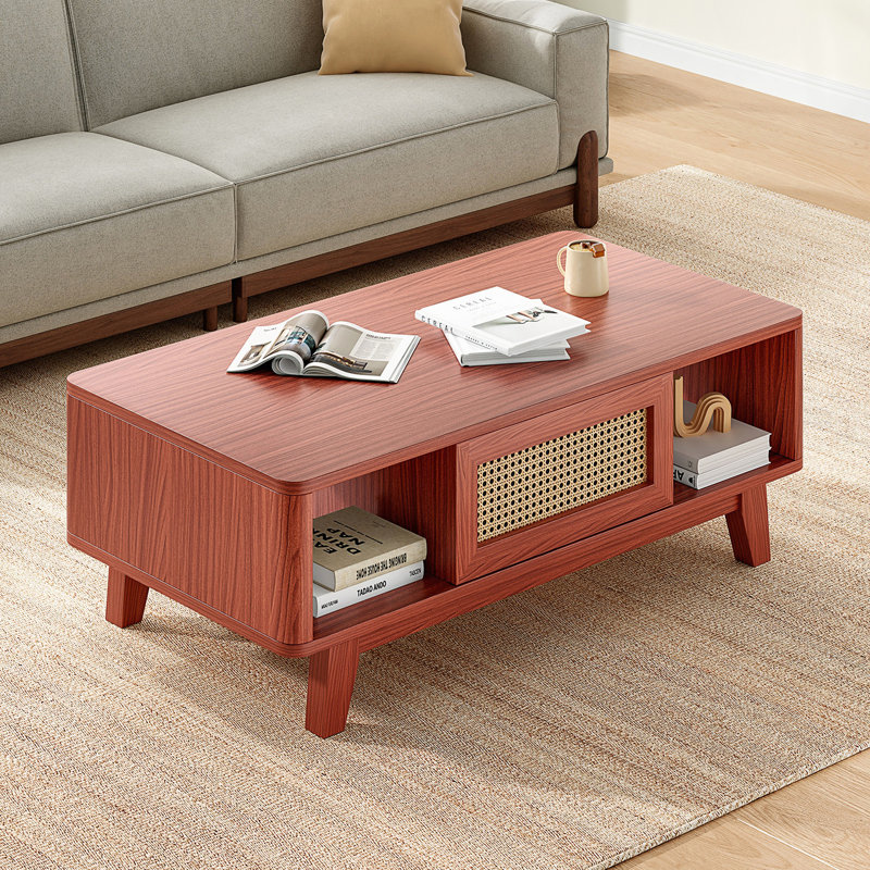Table basse Mid-Century moderne avec tiroir en rotin, table centrale, Cherry