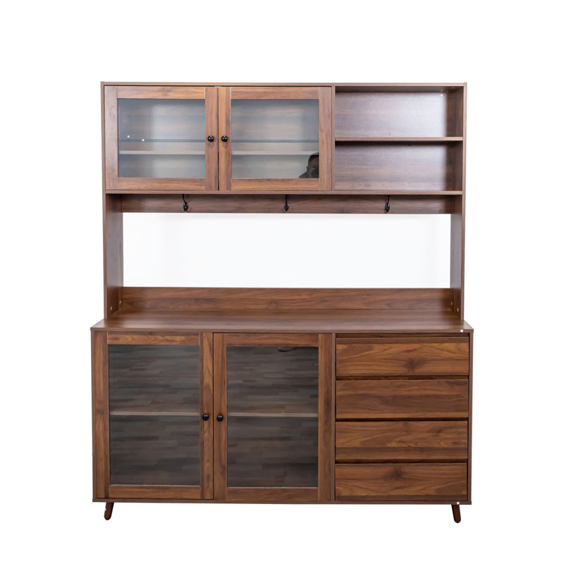 Walnut 63" Kitchen - 4 Doors, Drawers & Microwave Shelf Storage Freestanding Pantry Cabinet For Diverse Uses Made Of Particle Board Door, Drawer Purposes