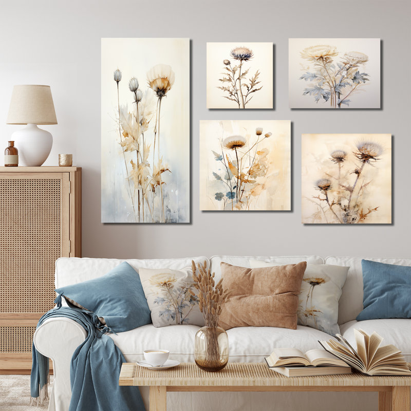 Ensemble de 5 décorations murales Beige Thistle, Toile tendue