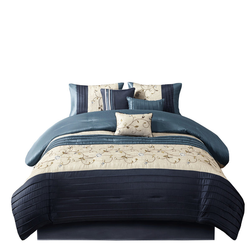 Édredon très grand bleu marine - 7 pièces avec détails de broderie, 100%, 2 taies décoratives, 3 coussins décoratifs, jupe de lit plissée - motif brodé de taille classique, matériau, rembourrage 1 vapeur