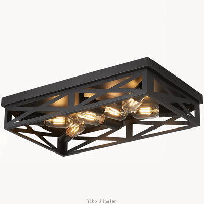 Plafonnier carré encastré de style ferme, noir mat, 6 lumières, structure géométrique en fer