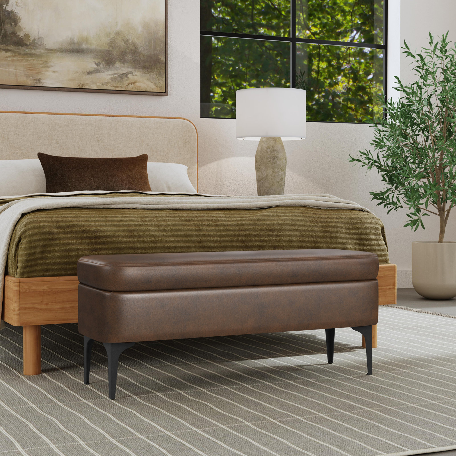 Ameelya 42" Velvet Bedroom Bench, Brown Faux Leather