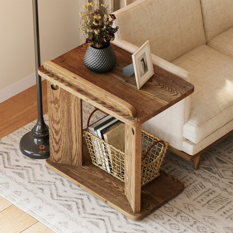 Solid Wood C-Shaped End Table, Couch Side Table with Book Holder, Bedside Table for Bedroom, Living Room, Brown