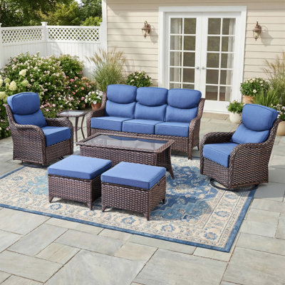 7 - Person Luxury Wicker Patio Furniture Set With Coffee Table & 6-Inch Extra-Thick Cushion Swivel Chairs, Side Table