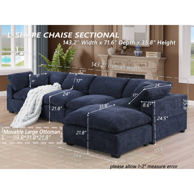 Weikko 143.2" Wide Upholstered Chaise Sectional, Dark Blue