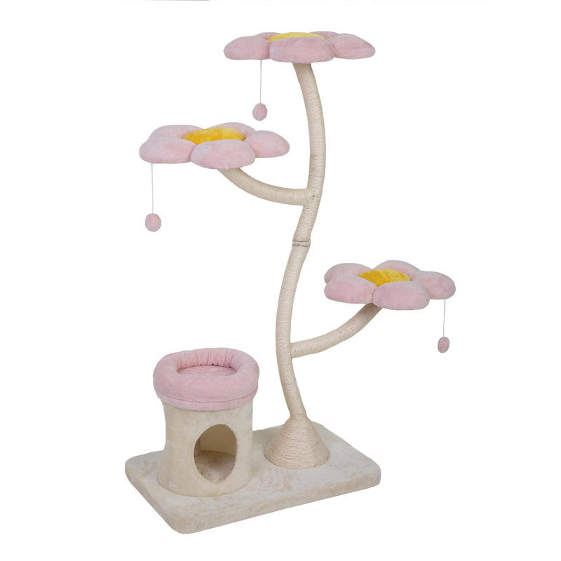 Arbre à chat floral avec lit plateforme floral, appartement et jouets suspendus